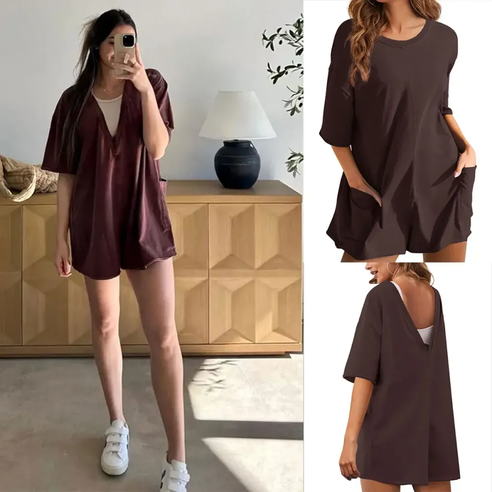 Women Casual Oversized Athletic Short Sleeve Romper Deep Pocket Loungewear