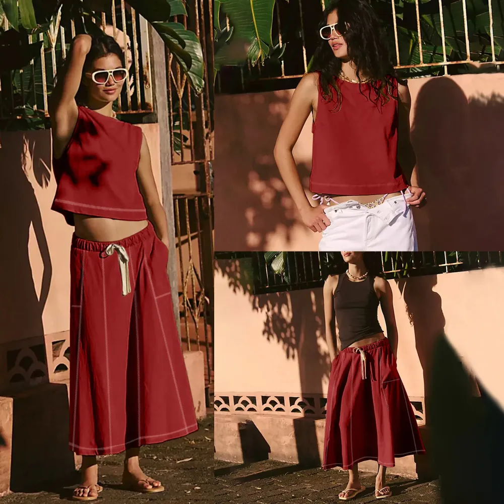 Women's Sleeveless Crop Top Midi Skirt Two Piece Set