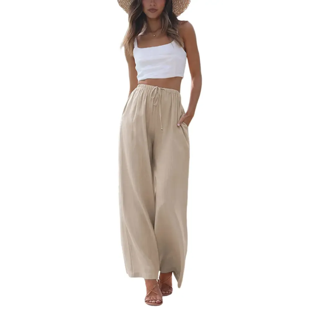 Summer Vibes - Women's Cotton Linen Summer Palazzo Pants Flowy Wide Leg Beach Trousers with Pockets