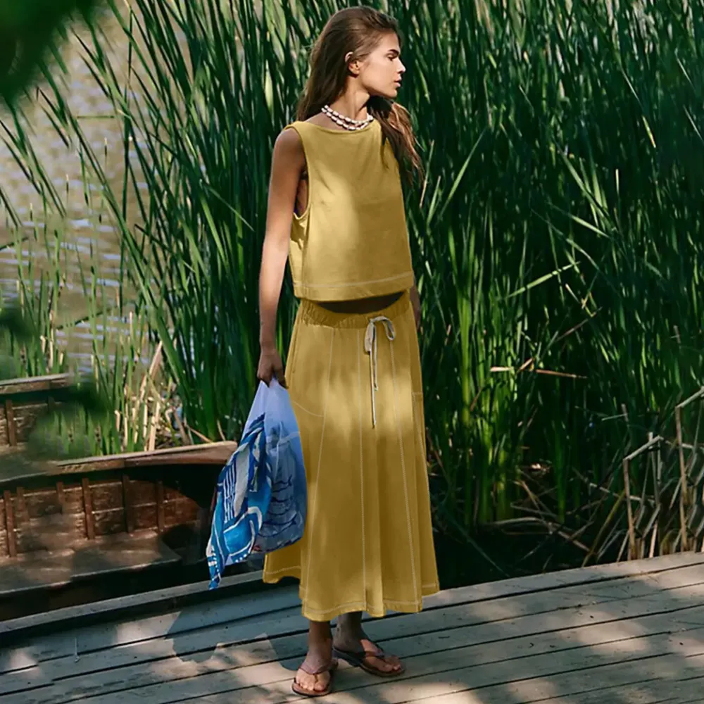 Women's Sleeveless Crop Top Midi Skirt Two Piece Set