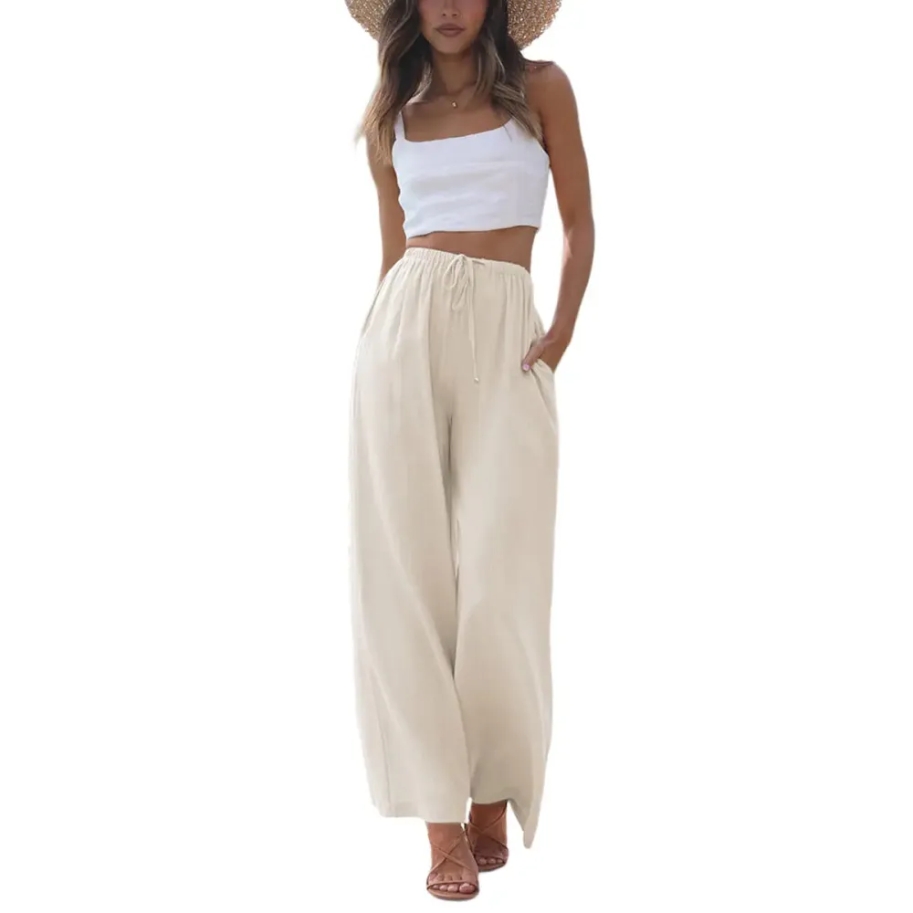 Summer Vibes - Women's Cotton Linen Summer Palazzo Pants Flowy Wide Leg Beach Trousers with Pockets