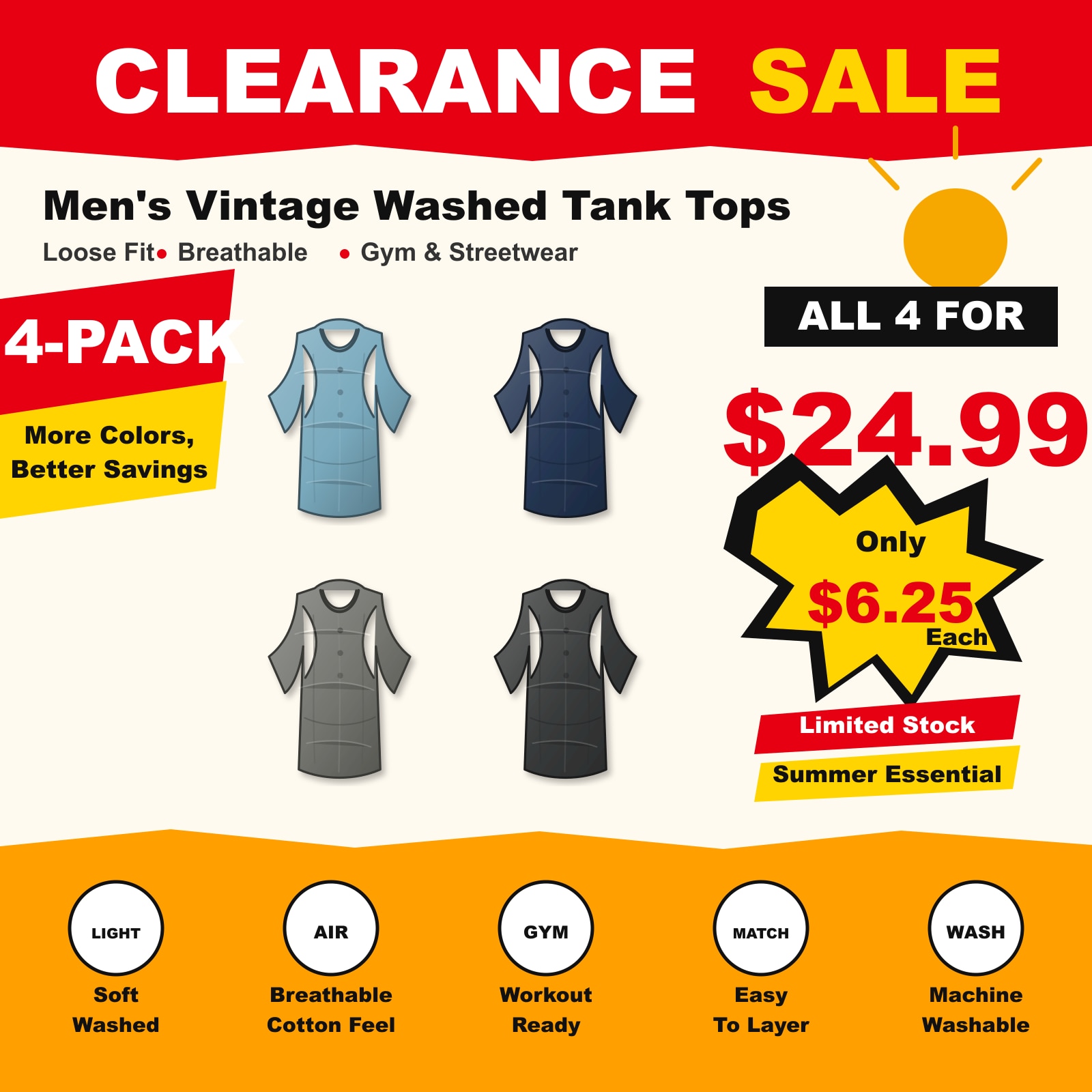 Men's 5-Pack Vintage Washed Tank Tops Gym Streetwear 4 PCS Cool Mix