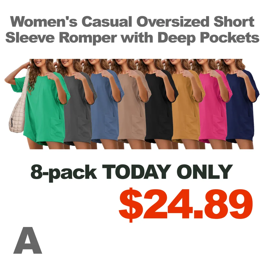 Women Casual Oversized Athletic Short Sleeve Romper Deep Pocket Loungewear