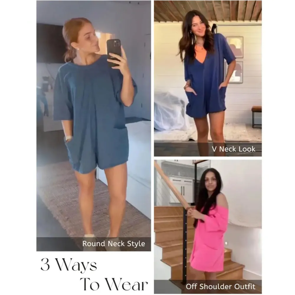Women Casual Oversized Athletic Short Sleeve Romper Deep Pocket Loungewear