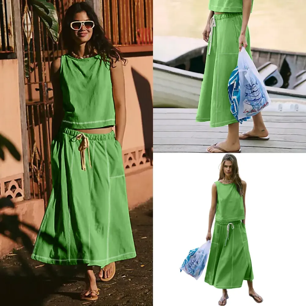 Women's Sleeveless Crop Top Midi Skirt Two Piece Set