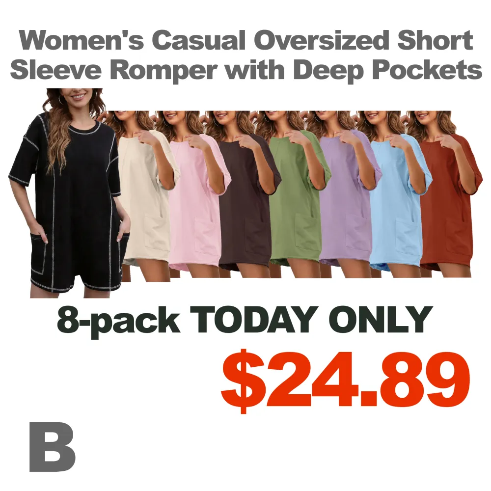 Women Casual Oversized Athletic Short Sleeve Romper Deep Pocket Loungewear