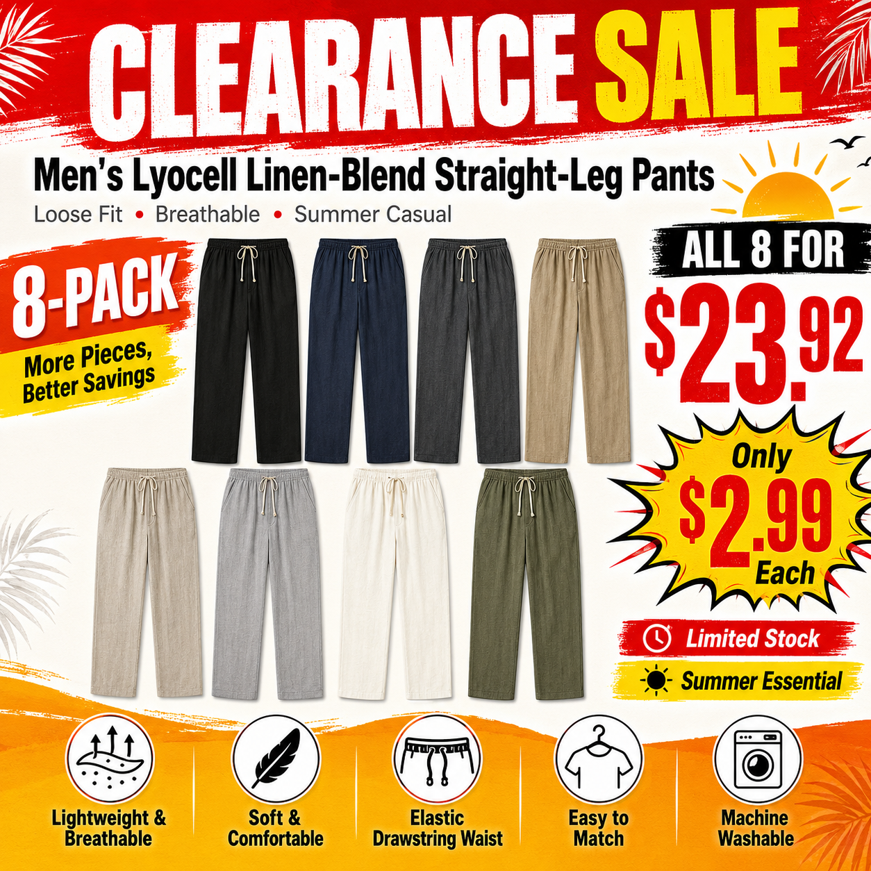 Comfortable Lyocell Linen Trousers，Men’s Casual Straight-Leg Pants, Summer 2026 New Arrival — Loose Fit, Breathable, Drapey Long Pants for Outdoor Walking, Camping, and Vacation; Cool, Soft