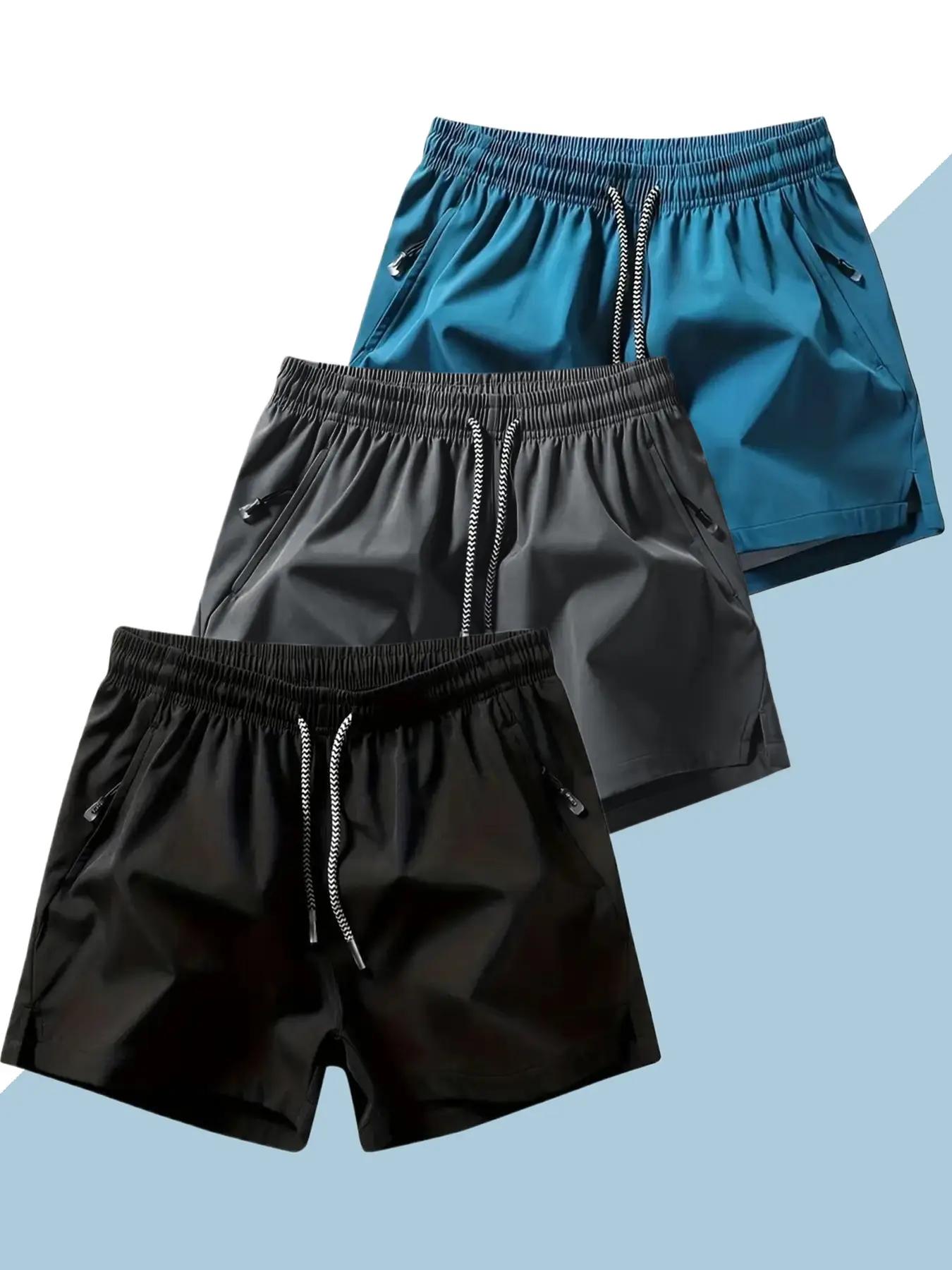 3 packs Men's Plain Solid Color Drawstring Pocket Shorts, Mens Clothing, machine washable zipper pocket,beach vacationoutfit Athleisure Casual Elastic Waist Pockets Shorts Summervibes for Summer Breathable Men's Athletic Bottoms Summer Shorts,father'sdayg