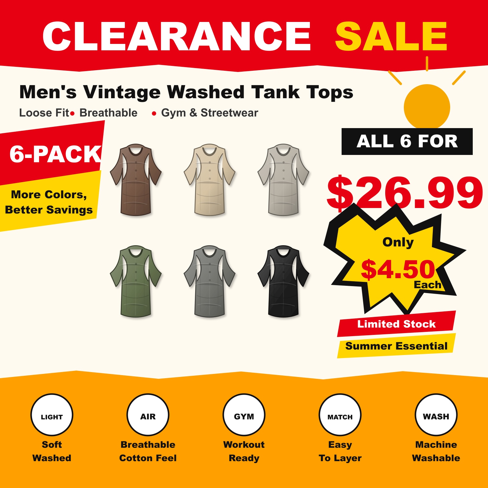 Men's 5-Pack Vintage Washed Tank Tops Gym Streetwear 6 PCS Earth 6
