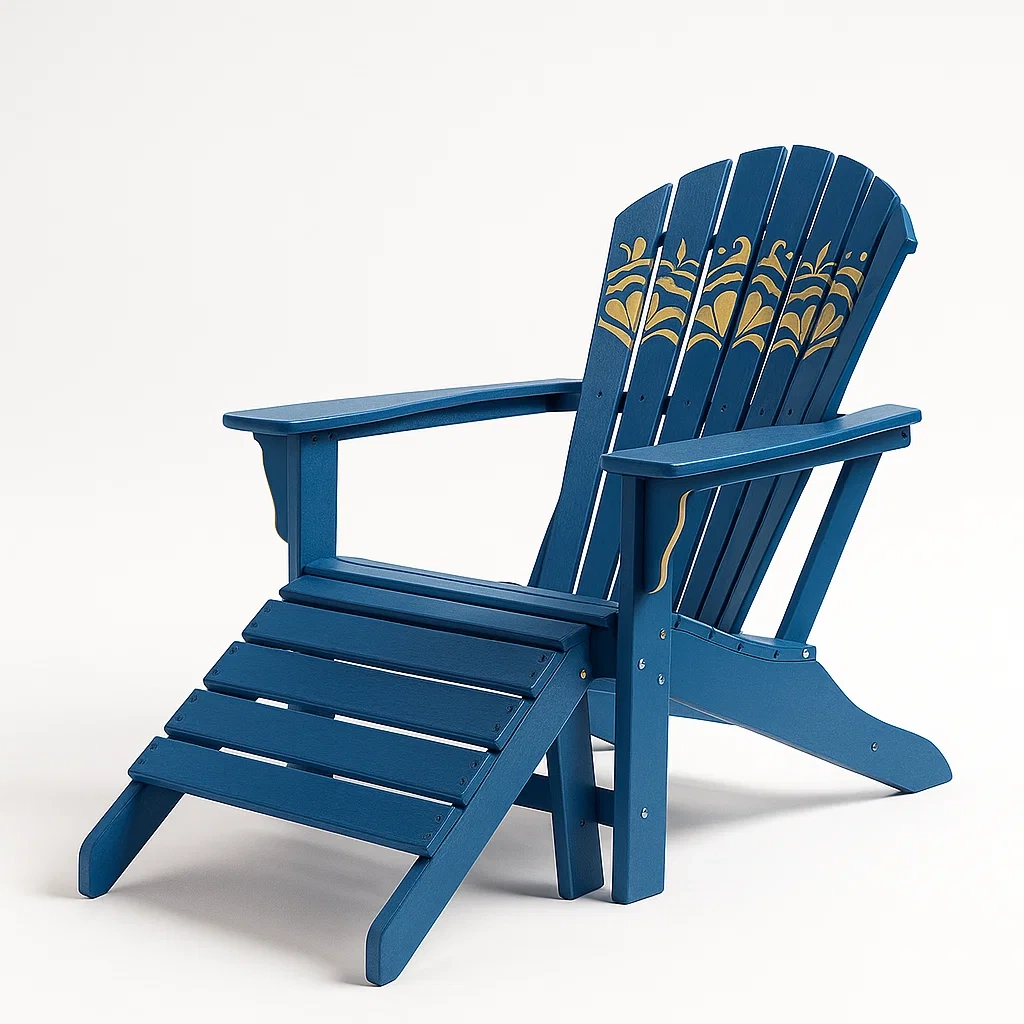 Holz-Adirondack Stuhl mit Fußstütze, Blau mit Gelbem Muster-decorfusionhome