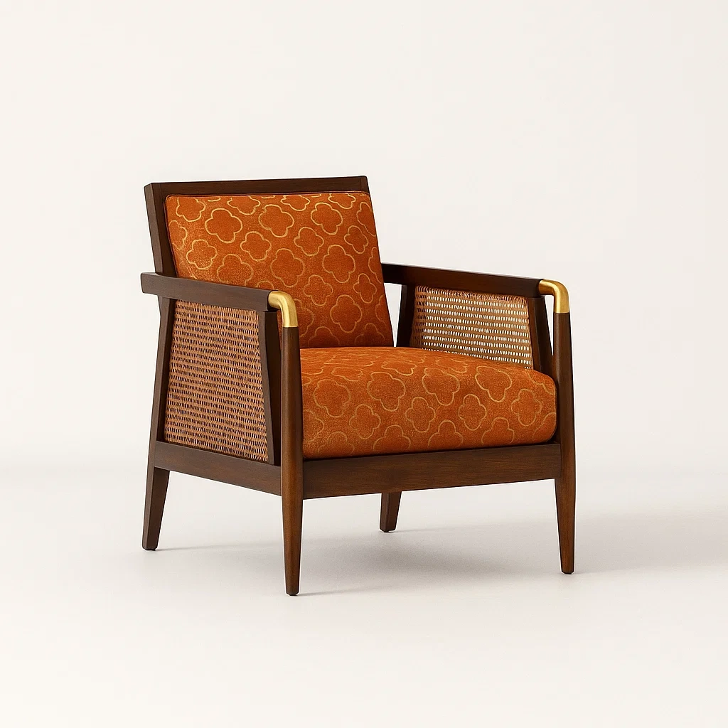 Holzsessel mit Rattan und orangem Stoffkissen-decorfusionhome