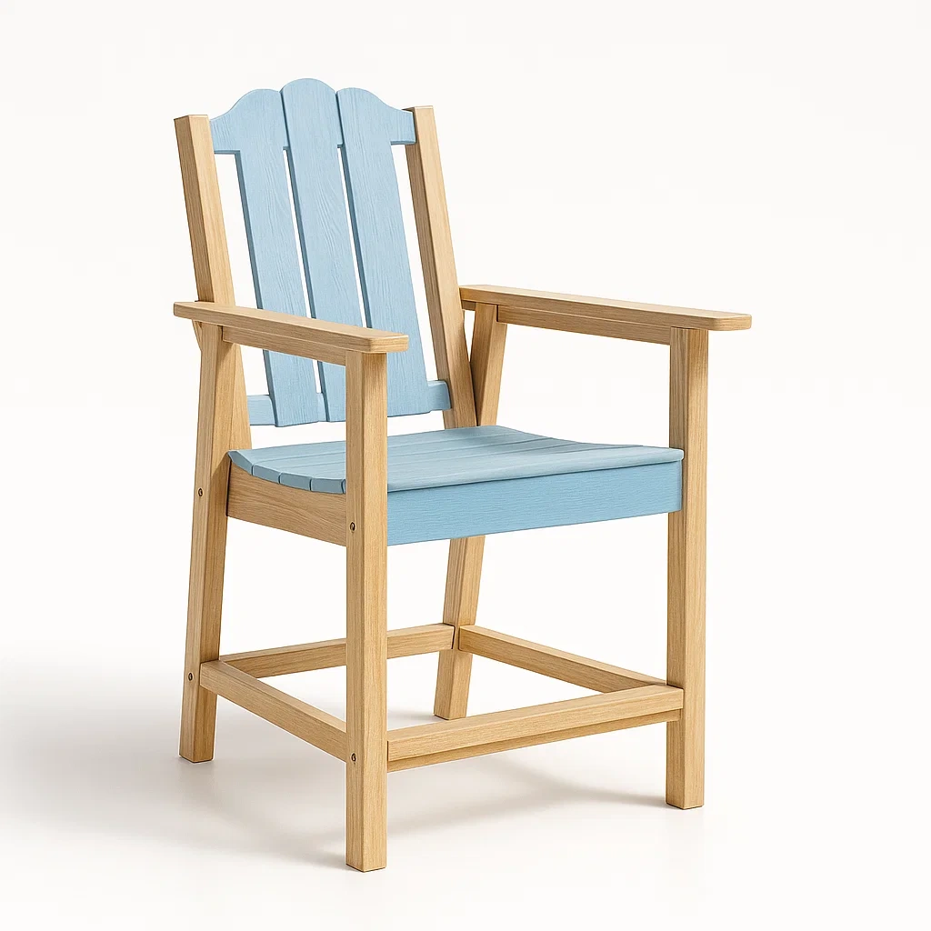 Holzstuhl mit hellblauer Sitzfläche und Rückenlehne-decorfusionhome
