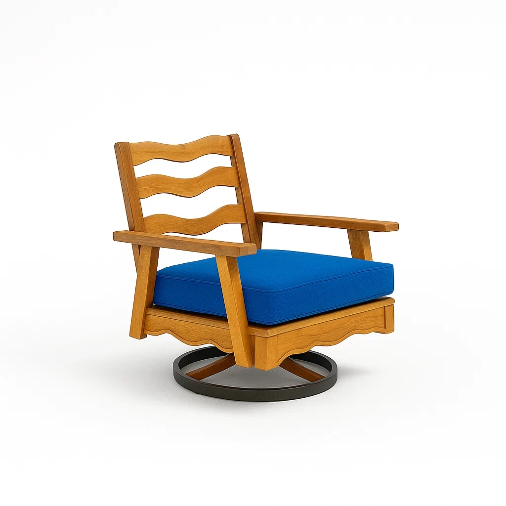 Drehbarer Holzsessel mit blauer Polyesterpolsterung-decorfusionhome