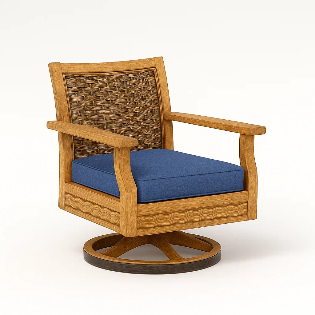 Holz-Drehstuhl mit blauem Kissen und Rattan-Rückenlehne-decorfusionhome