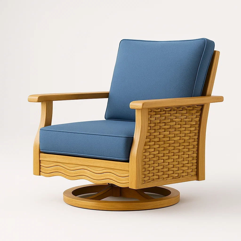 Holzdrehsessel mit blauer Polyester-Polsterung-decorfusionhome