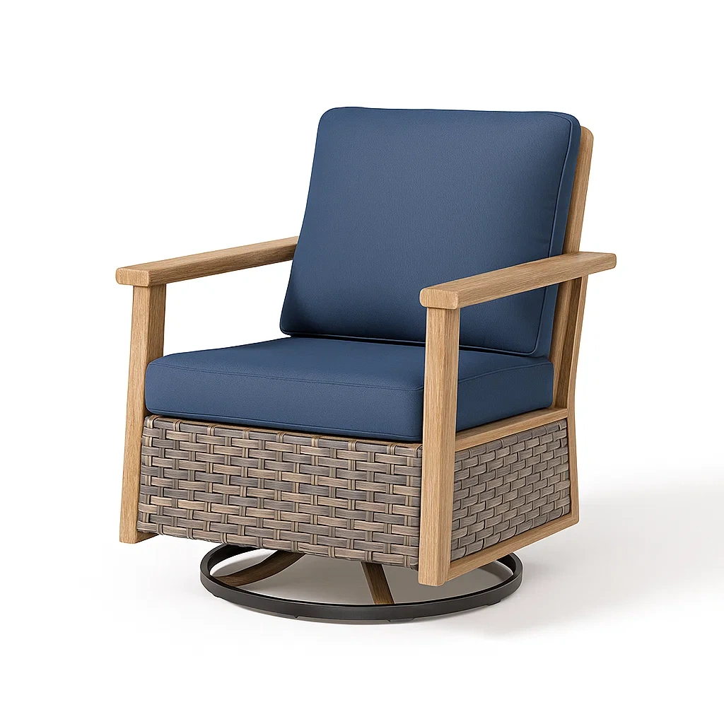Outdoor Drehstuhl mit Holzrahmen und blauen Kissen-decorfusionhome