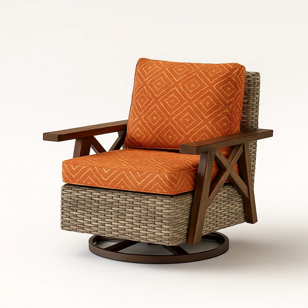 Terrassenstuhl aus Rattan und Holz mit orangefarbenem Polyesterkissen, Drehbar-decorfusionhome