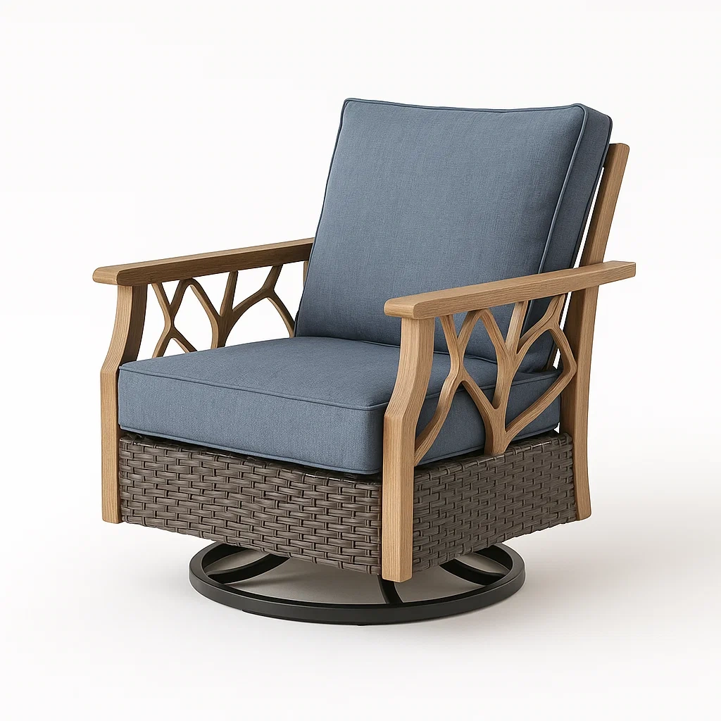Drehbarer Sessel aus Holz und Rattan Blau 90cm x 80cm x 100cm-decorfusionhome