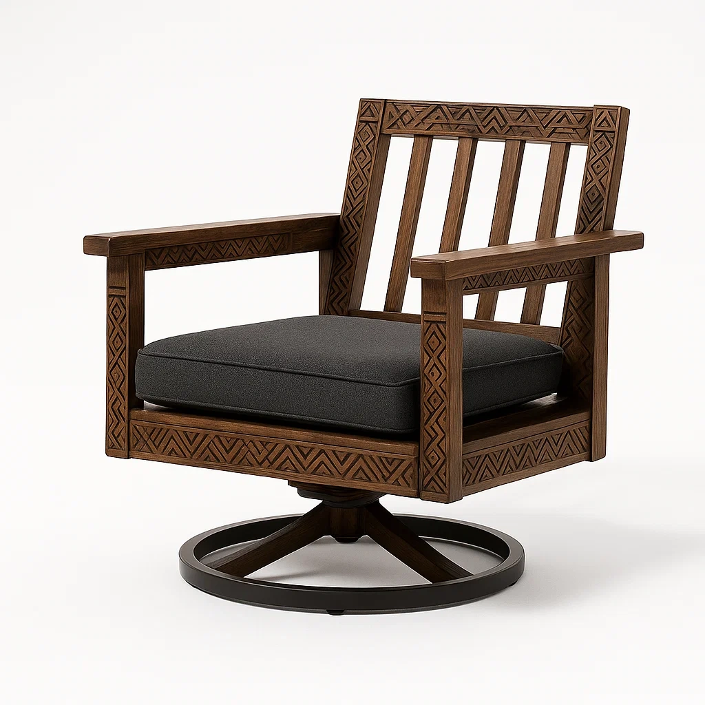 Massivholz Drehsessel mit Gravur und schwarzem Kissen-decorfusionhome