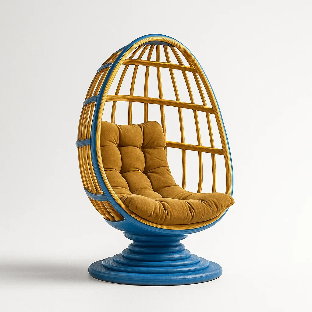 Rattan Ei-Gestell Stuhl mit Polster Blau und Senfgelb-decorfusionhome
