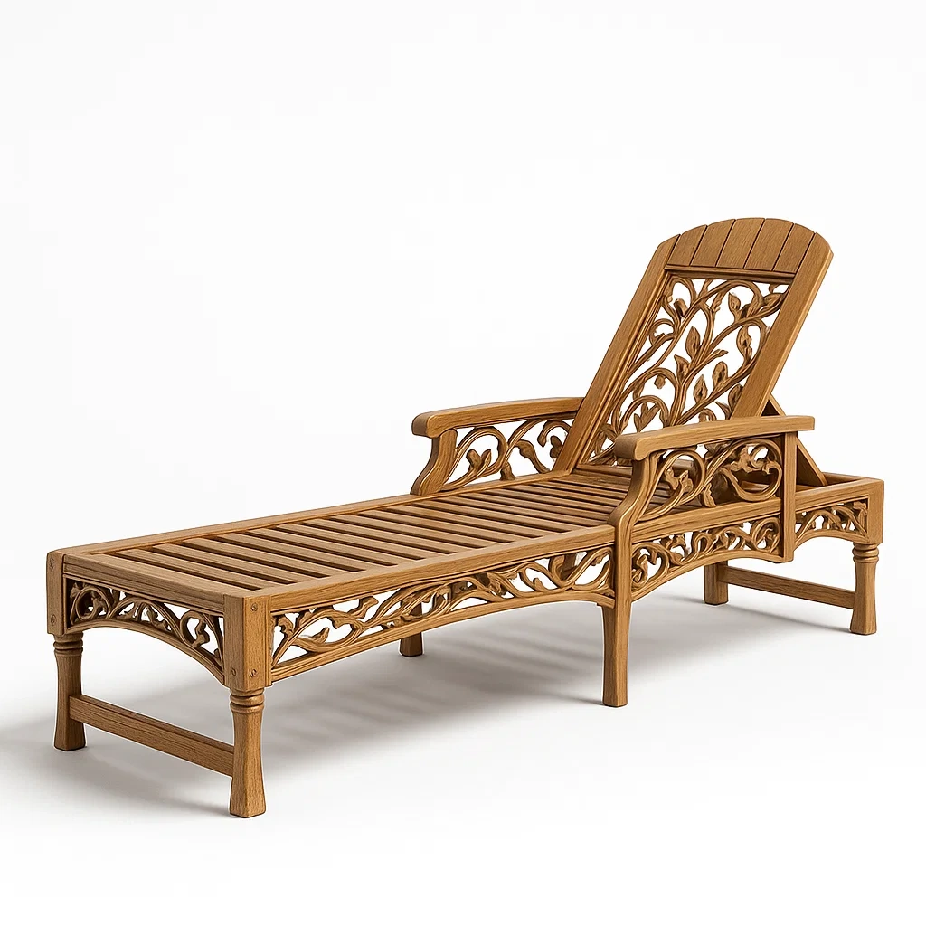 Holz Liegestuhl mit geschnitzten Details Braun-decorfusionhome