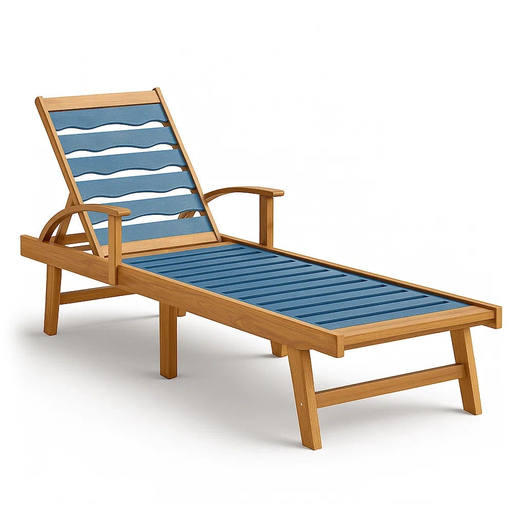 Akazienholz Sonnenliege mit blauem Textilene-Bespannung-decorfusionhome