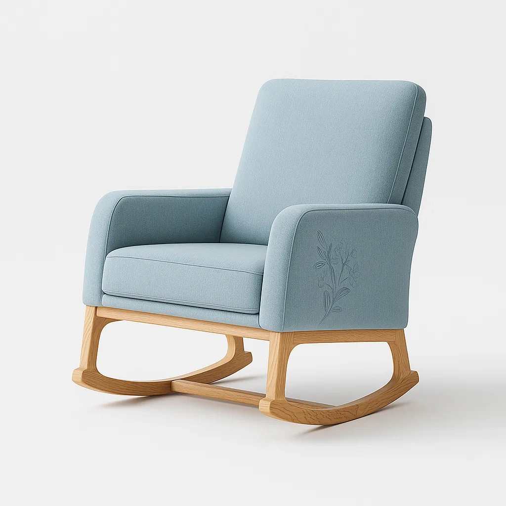 Massivholz-Schaukelstuhl mit Polyesterbezug in Hellblau-decorfusionhome