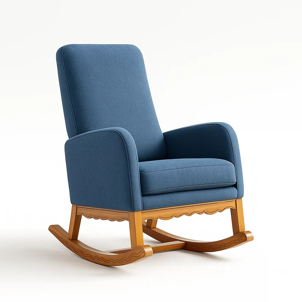 Holzschaukelstuhl mit blauer Stoffpolsterung-decorfusionhome