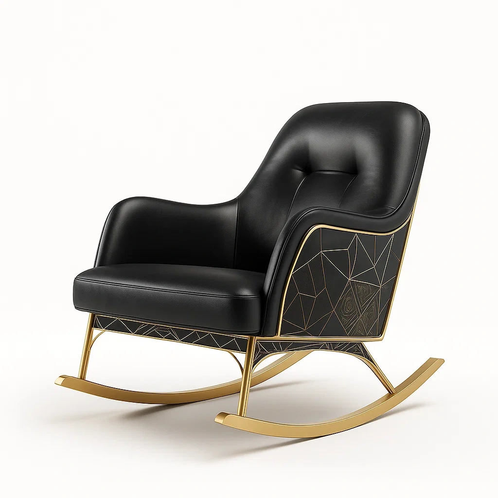 Schwarzer Schaukelstuhl aus Leder mit goldenem Metallgestell-decorfusionhome