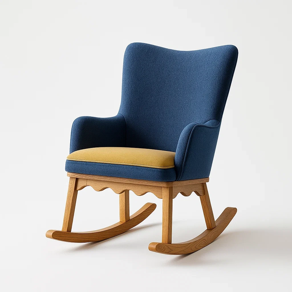 Schaukelstuhl mit Holzrahmen und Stoffpolsterung Blau/Gelb-decorfusionhome