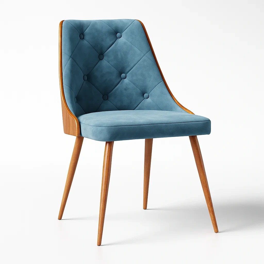 Esszimmerstuhl aus Samtstoff in Blau mit Holzrahmen-decorfusionhome
