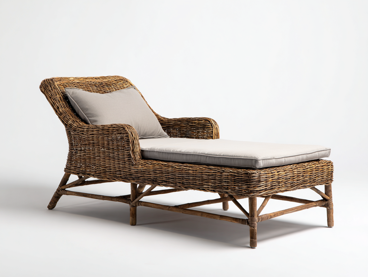 Tumbonas de ratán natural con cojín 185x70x85 cm color marrón-beige para jardín diseño ergonómico cómodo-Nookgoshop
