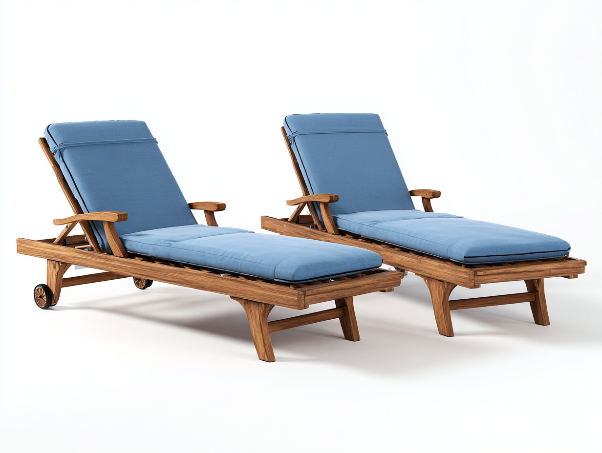 Tumbonas madera maciza 195x65x35 cm marrón - cojines azules - ruedas integradas - diseño ajustable-Nookgoshop