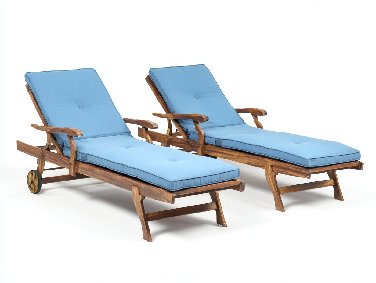 Tumbonas de madera 180x65x80 cm - marrón y azul - con ruedas - 2 unidades-Nookgoshop