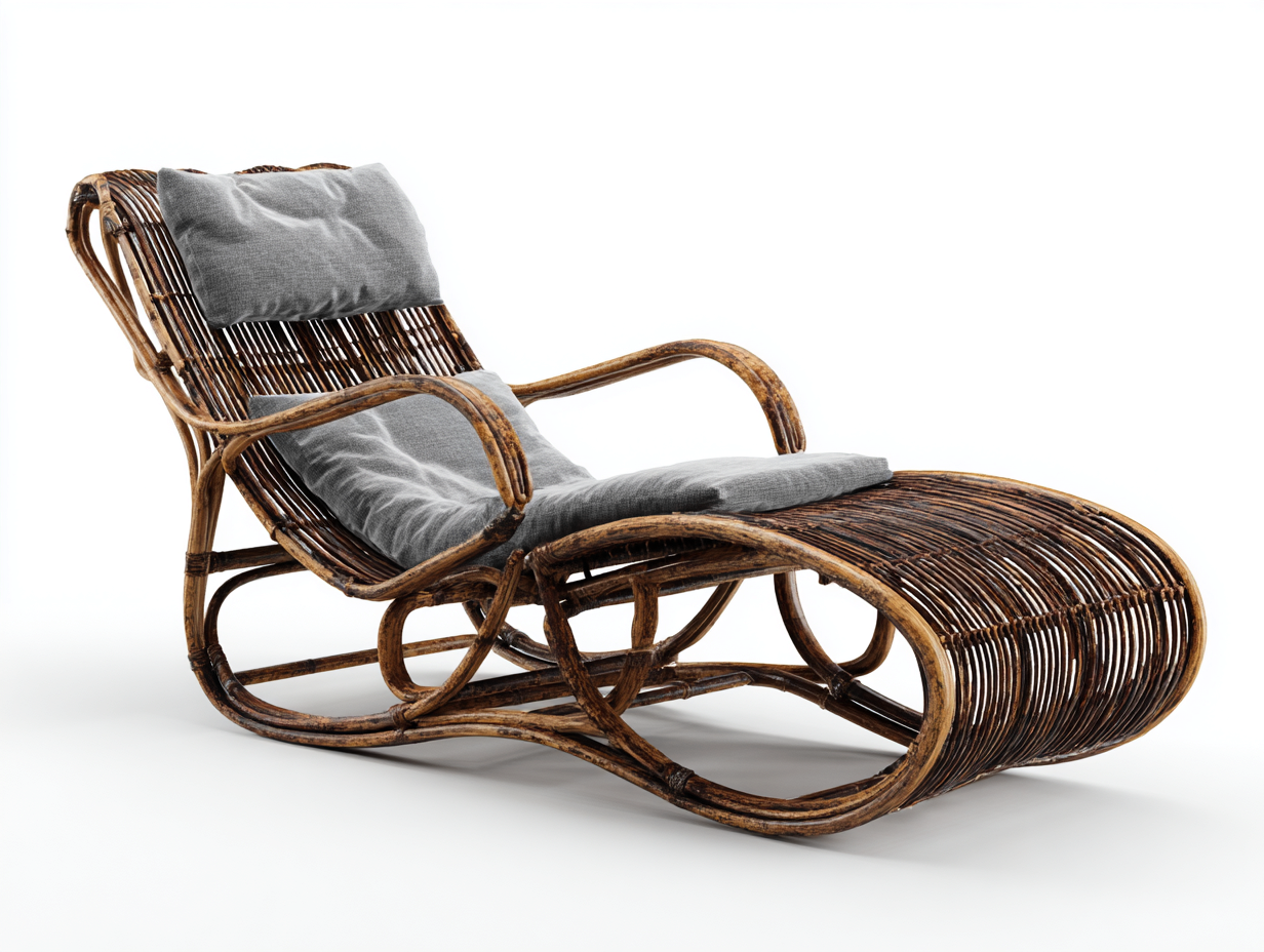 Tumbonas ratán natural 170x60x85 cm marrón - cojín gris - diseño ergonómico curvado-Nookgoshop