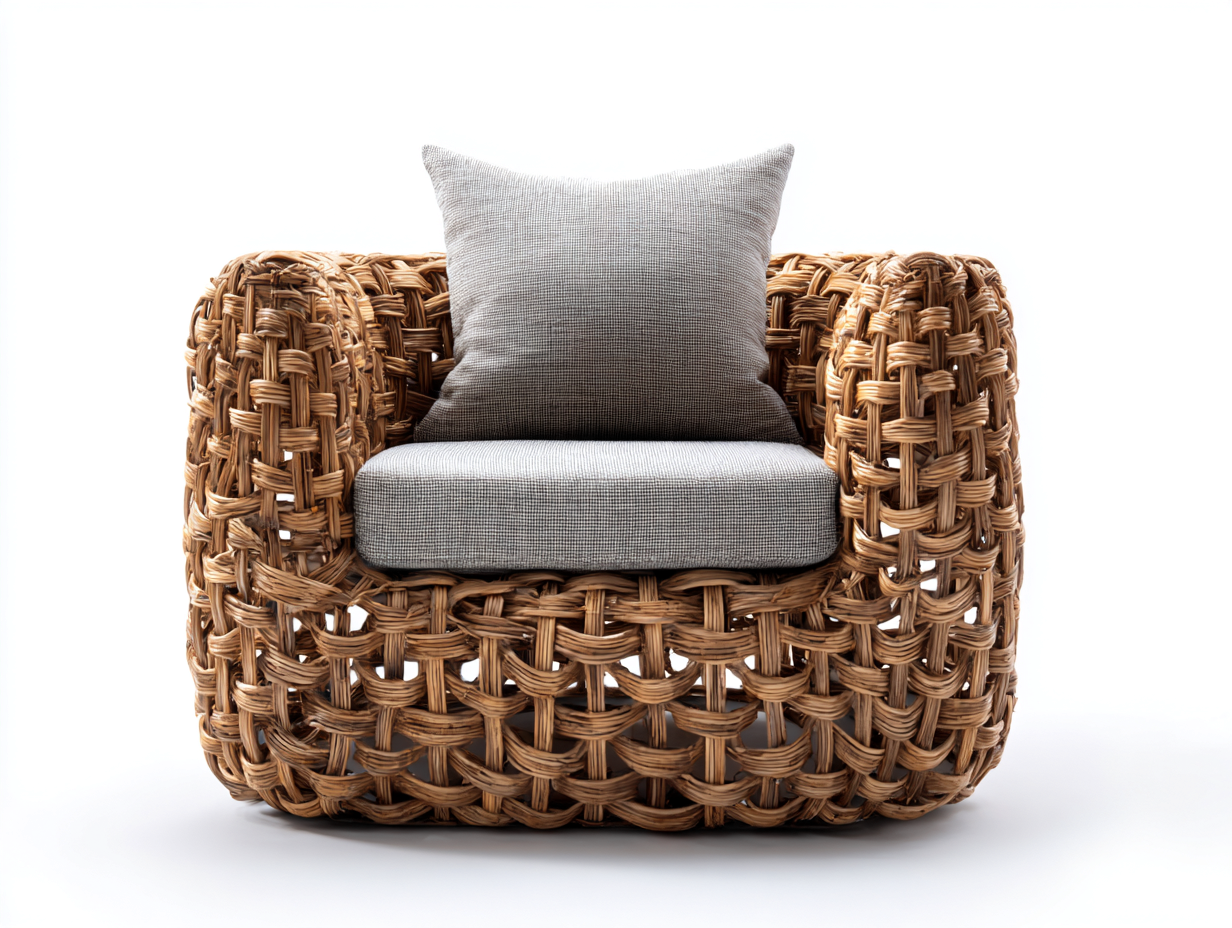 Sillones de ratán de madera natural 70x65x70 cm color marrón-gris para jardín diseño compacto con cojín-Nookgoshop