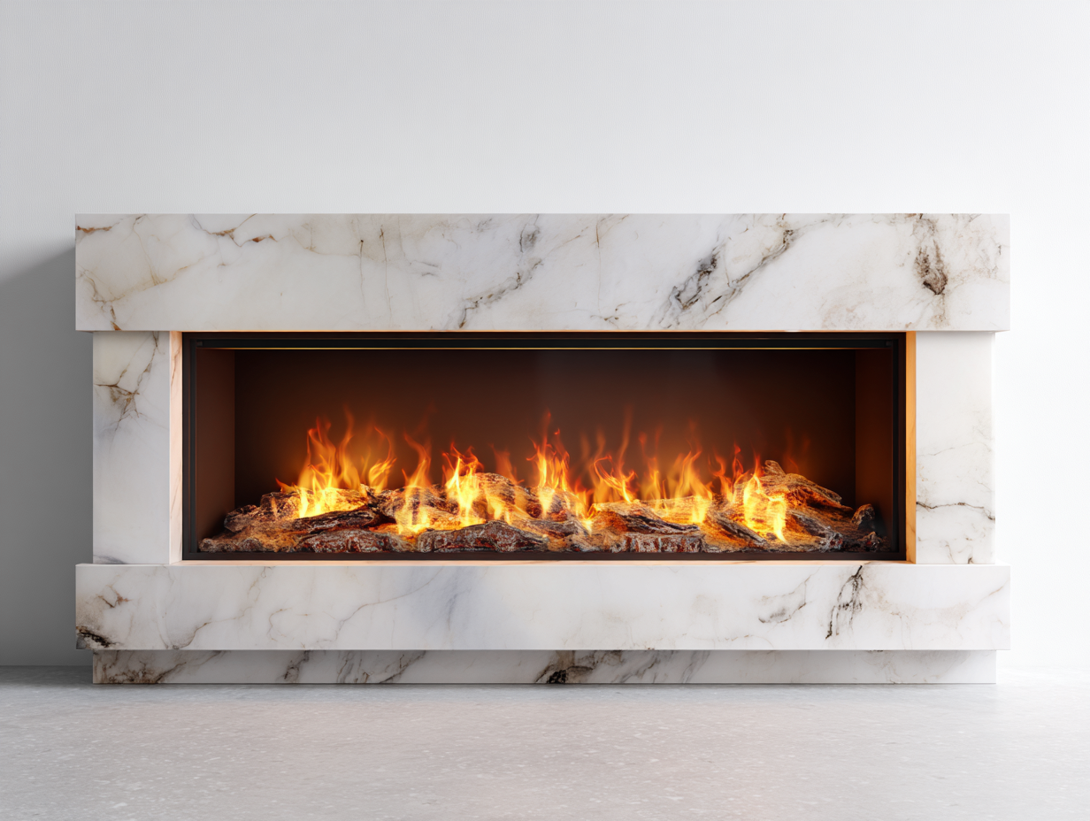Chimeneas eléctricas modernas de mármol 150x30x60 cm color blanco diseño horizontal efecto llama LED realista-Nookgoshop