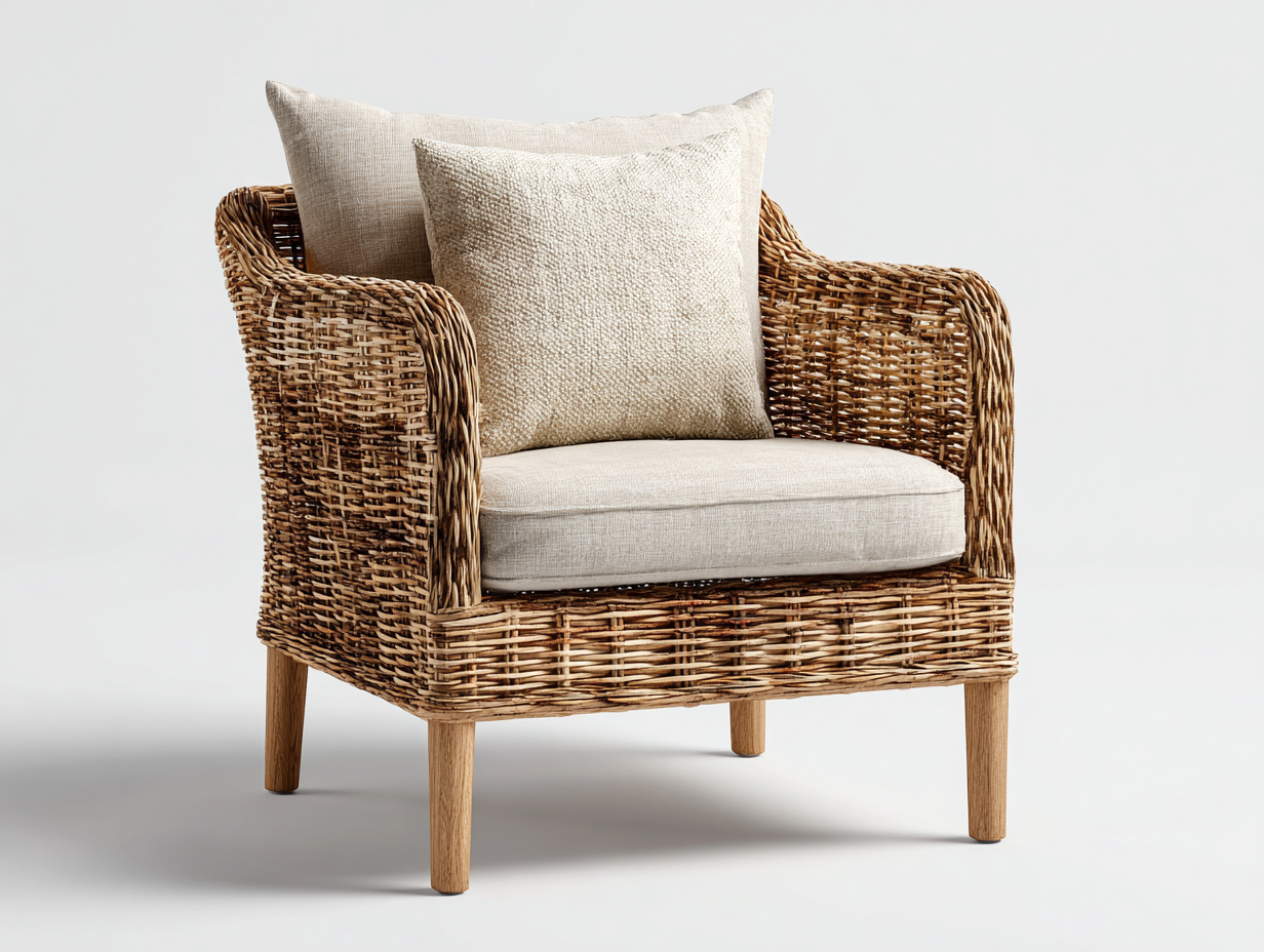 Sillones de ratán 75x70x80 cm ratán natural y cojín beige con patas de madera - diseño natural moderno-Nookgoshop