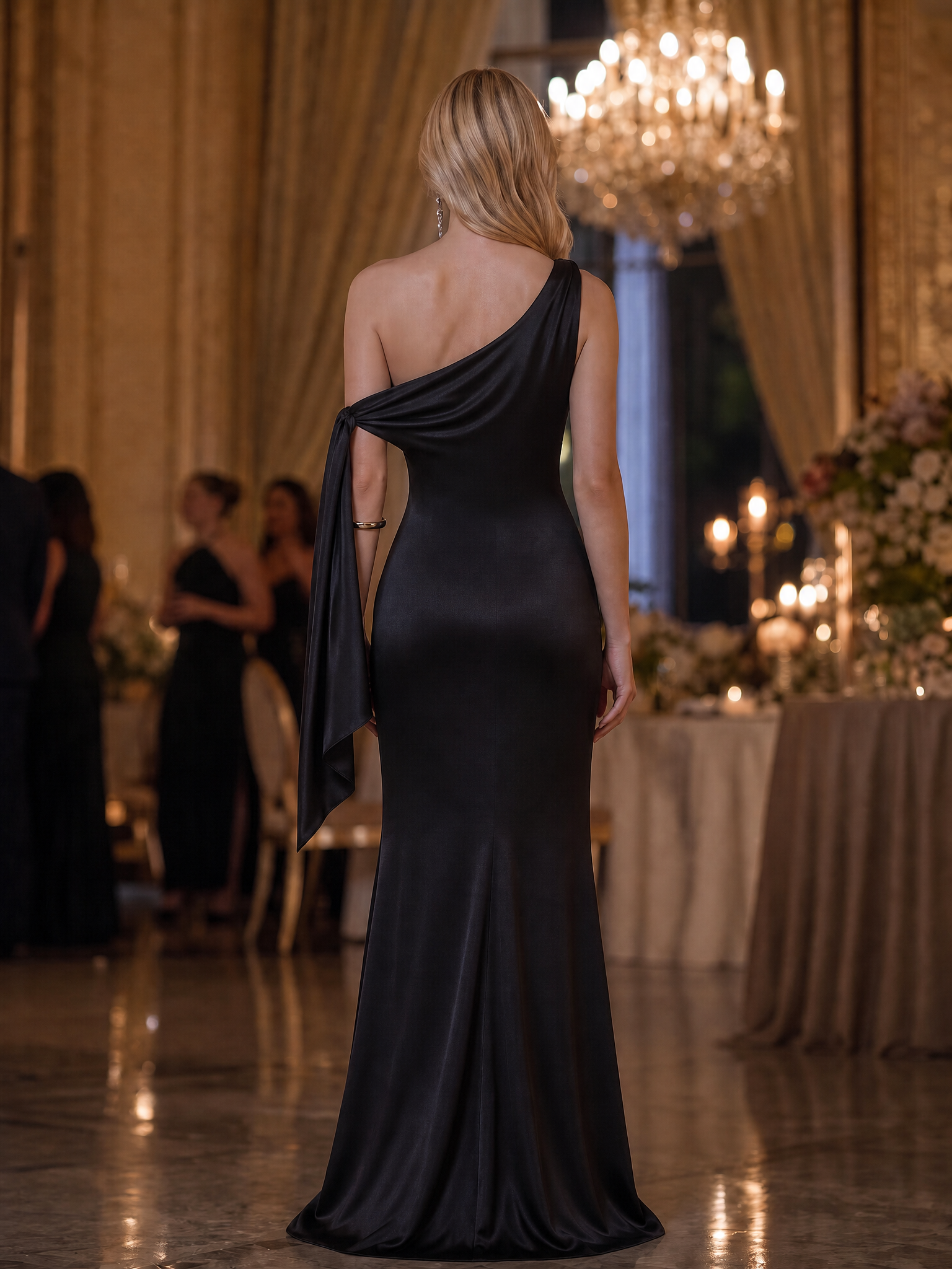 Black Satin One‑Shoulder Knot‑Sash Mermaid Maxi Formal Dress