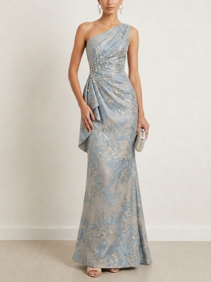 Dusty‑Blue One‑Shoulder Pearl‑Beaded Gold‑Print Mermaid Maxi Formal Dress