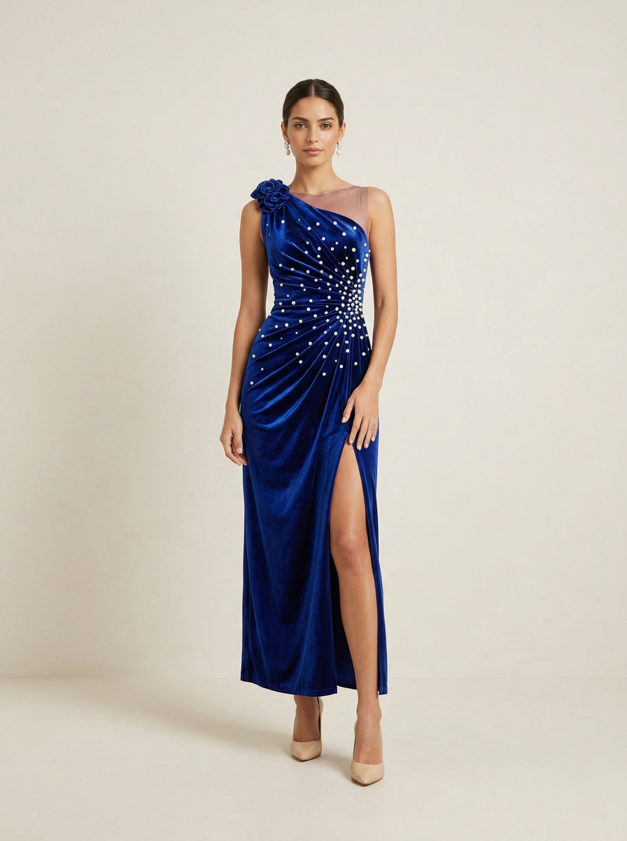 Royal Blue Velvet One‑Shoulder Maxi Dress Pearl Beading Side Slit Formal Gown