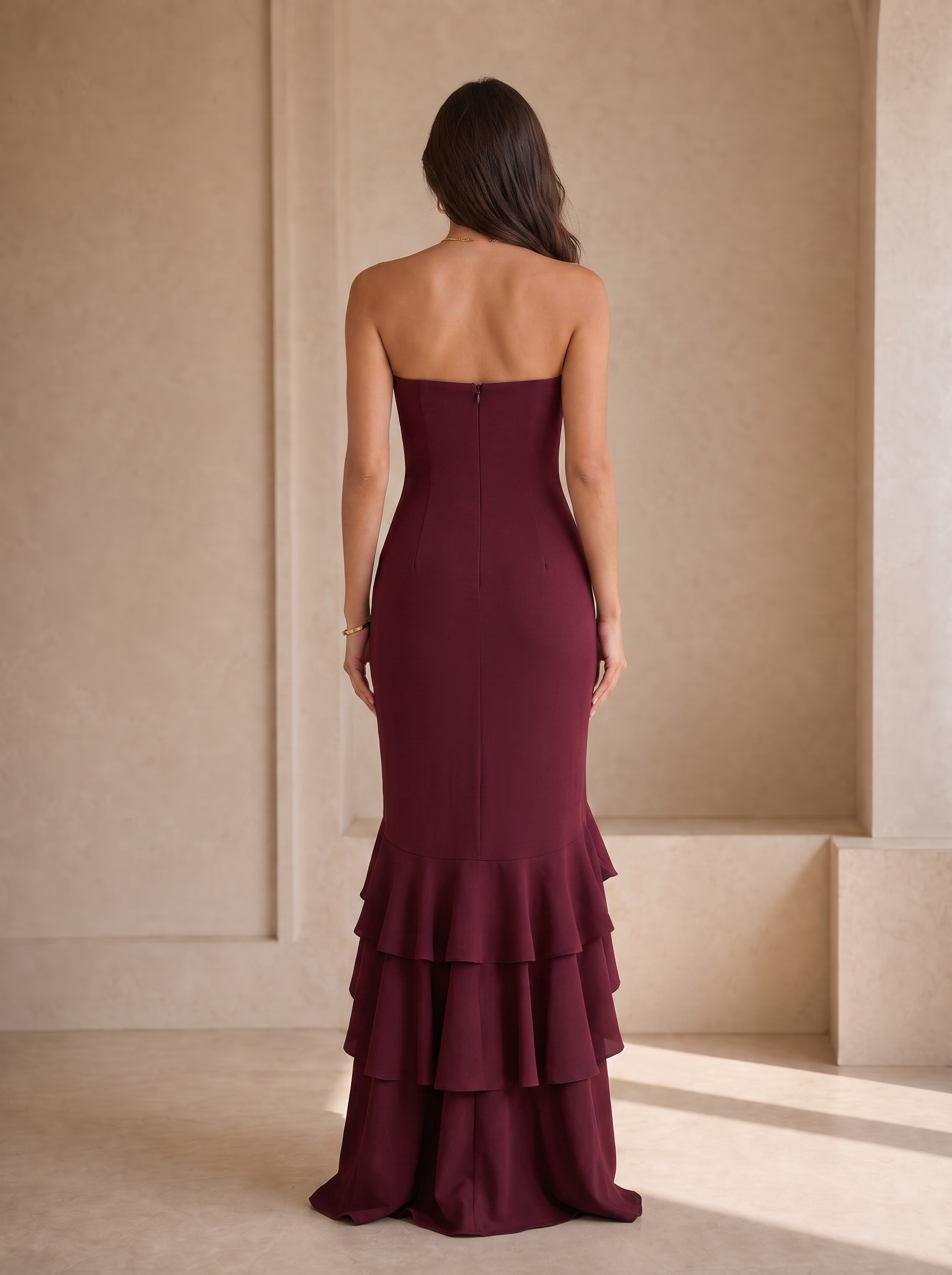 Burgundy Strapless Tiered‑Ruffle Mermaid Maxi Formal Dress
