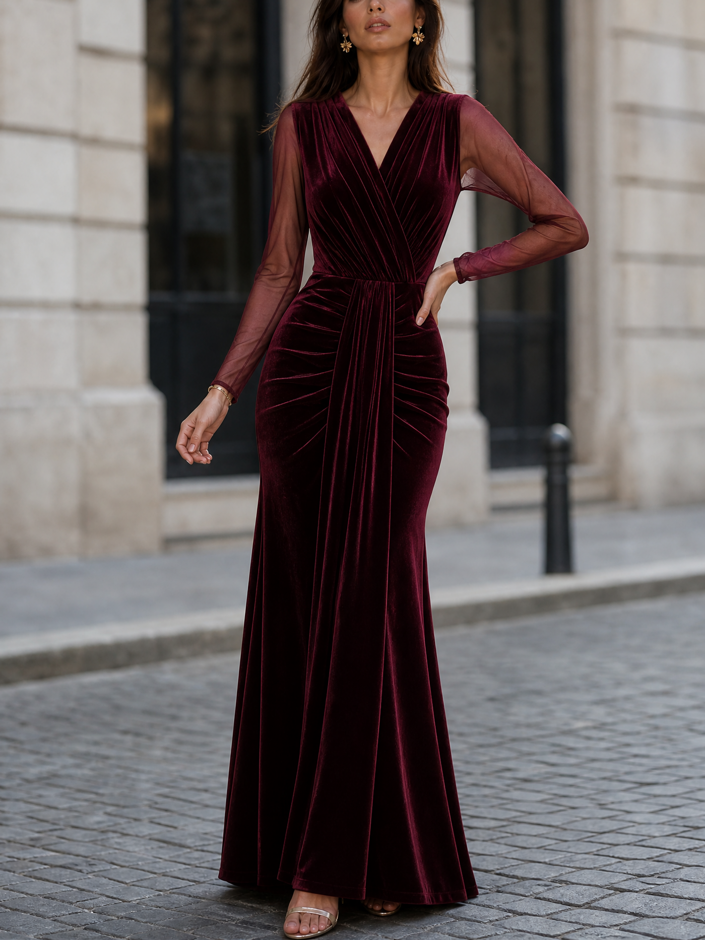 Burgundy Velvet Sheer‑Sleeve Ruched Mermaid Maxi Formal Dress
