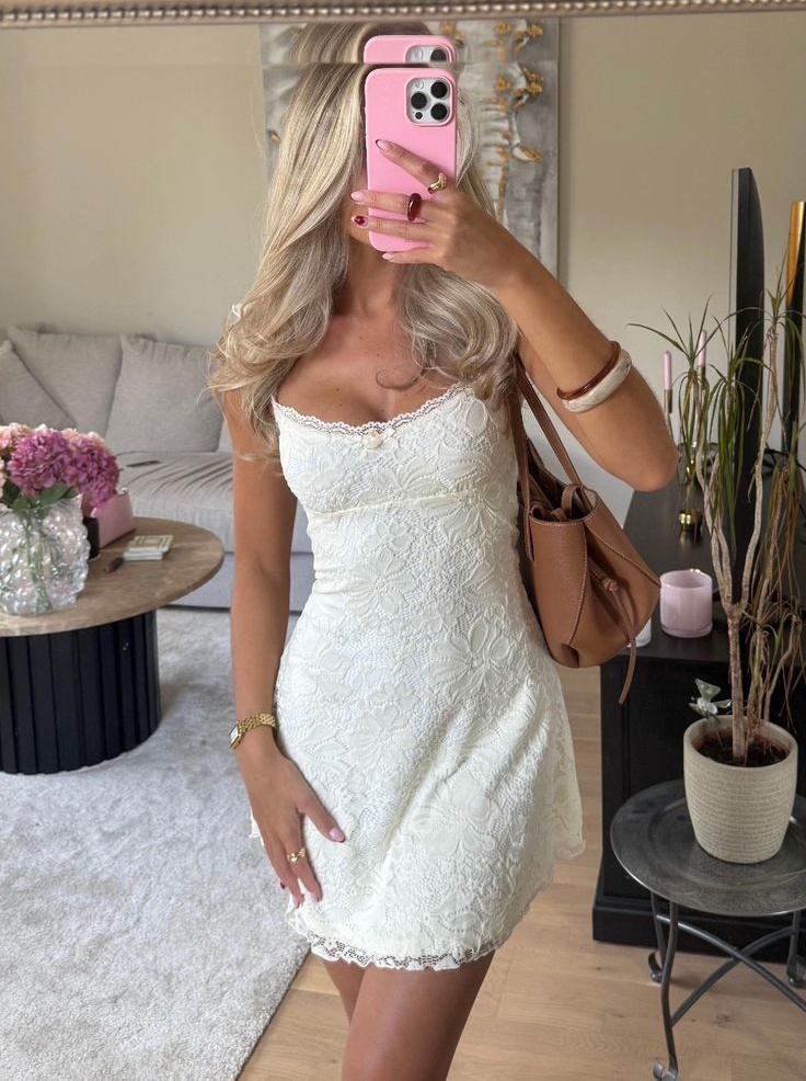 Women White Lace Strapless Mini Dress Floral Lace Casual A-Line Dress