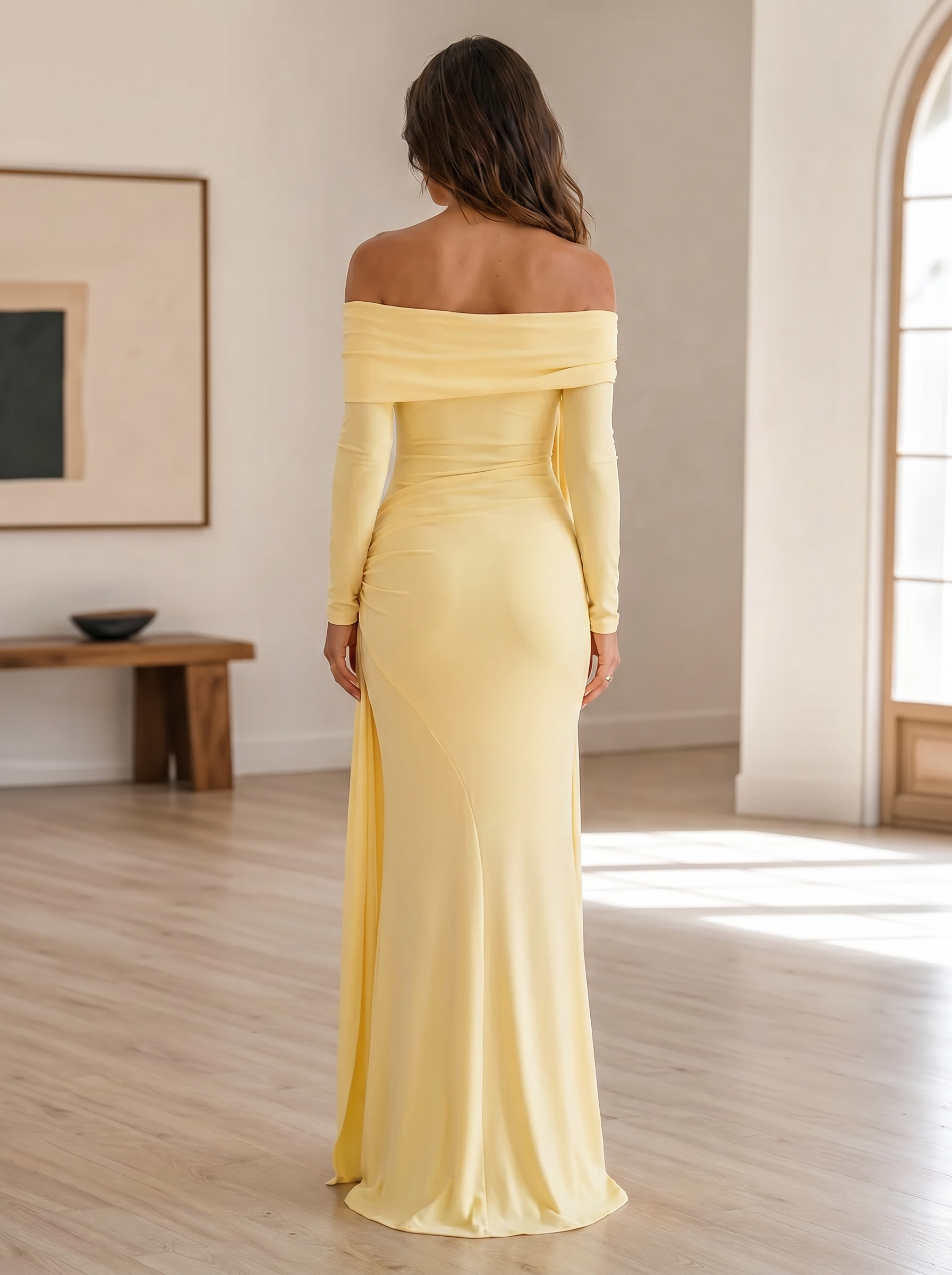 Pale‑Yellow Off‑Shoulder Long‑Sleeve Twist‑Knot Mermaid Maxi Dress