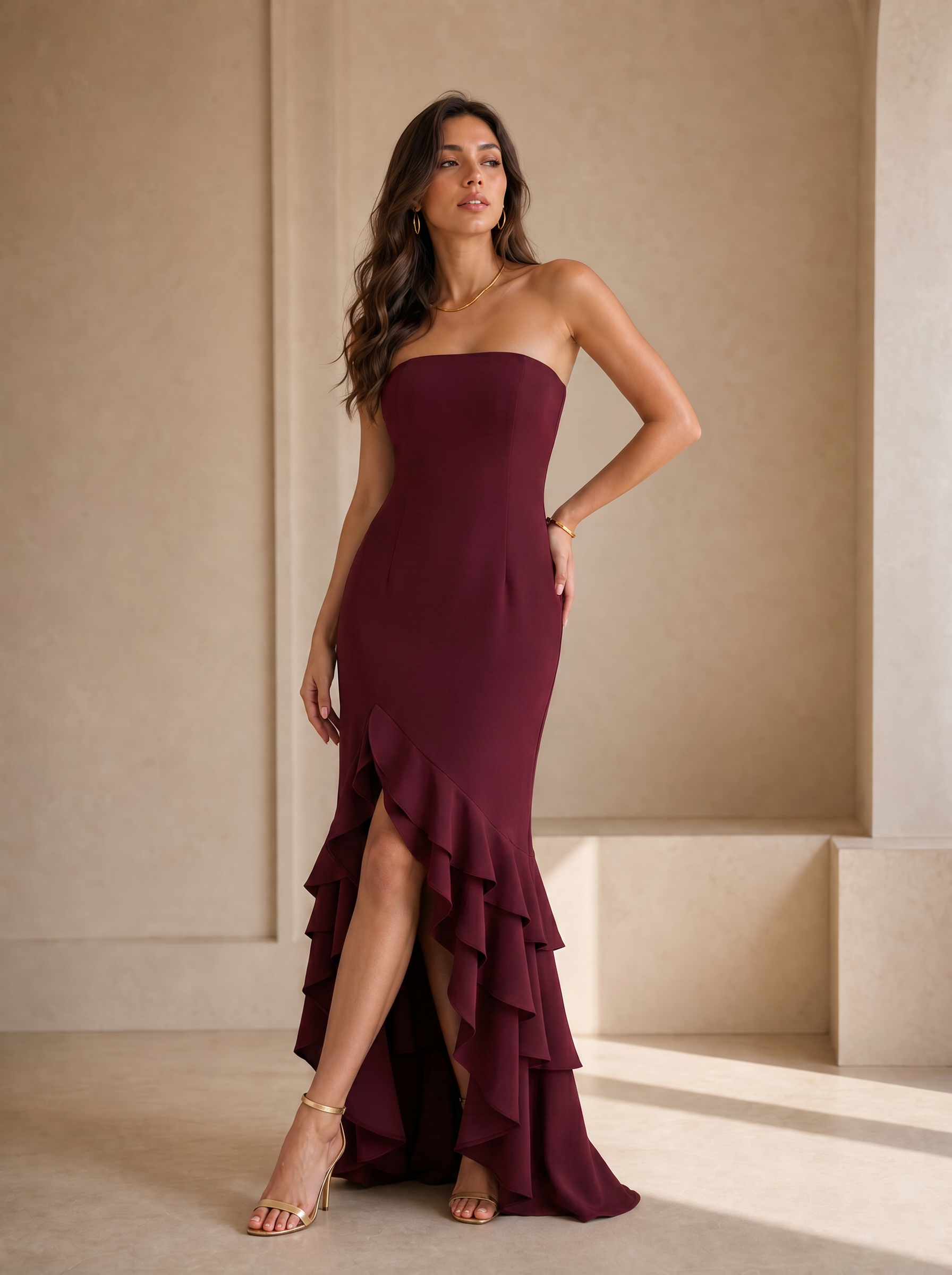 Burgundy Strapless Tiered‑Ruffle Mermaid Maxi Formal Dress