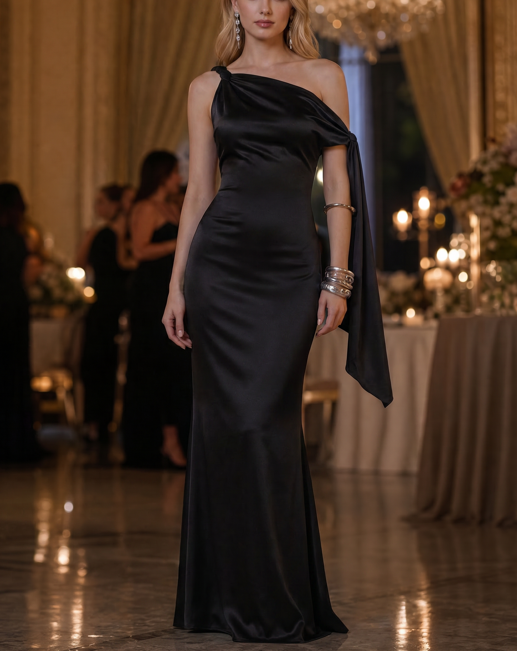Black Satin One‑Shoulder Knot‑Sash Mermaid Maxi Formal Dress