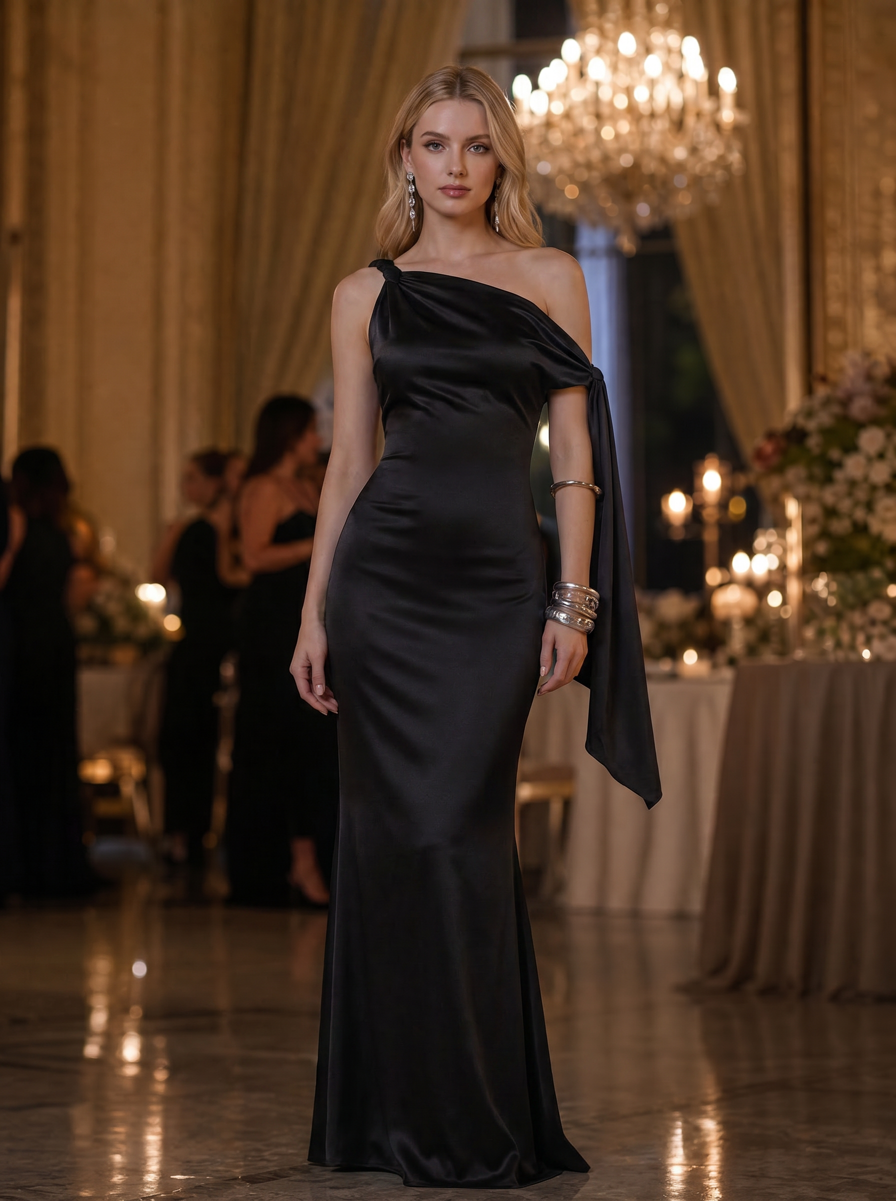 Black Satin One‑Shoulder Knot‑Sash Mermaid Maxi Formal Dress