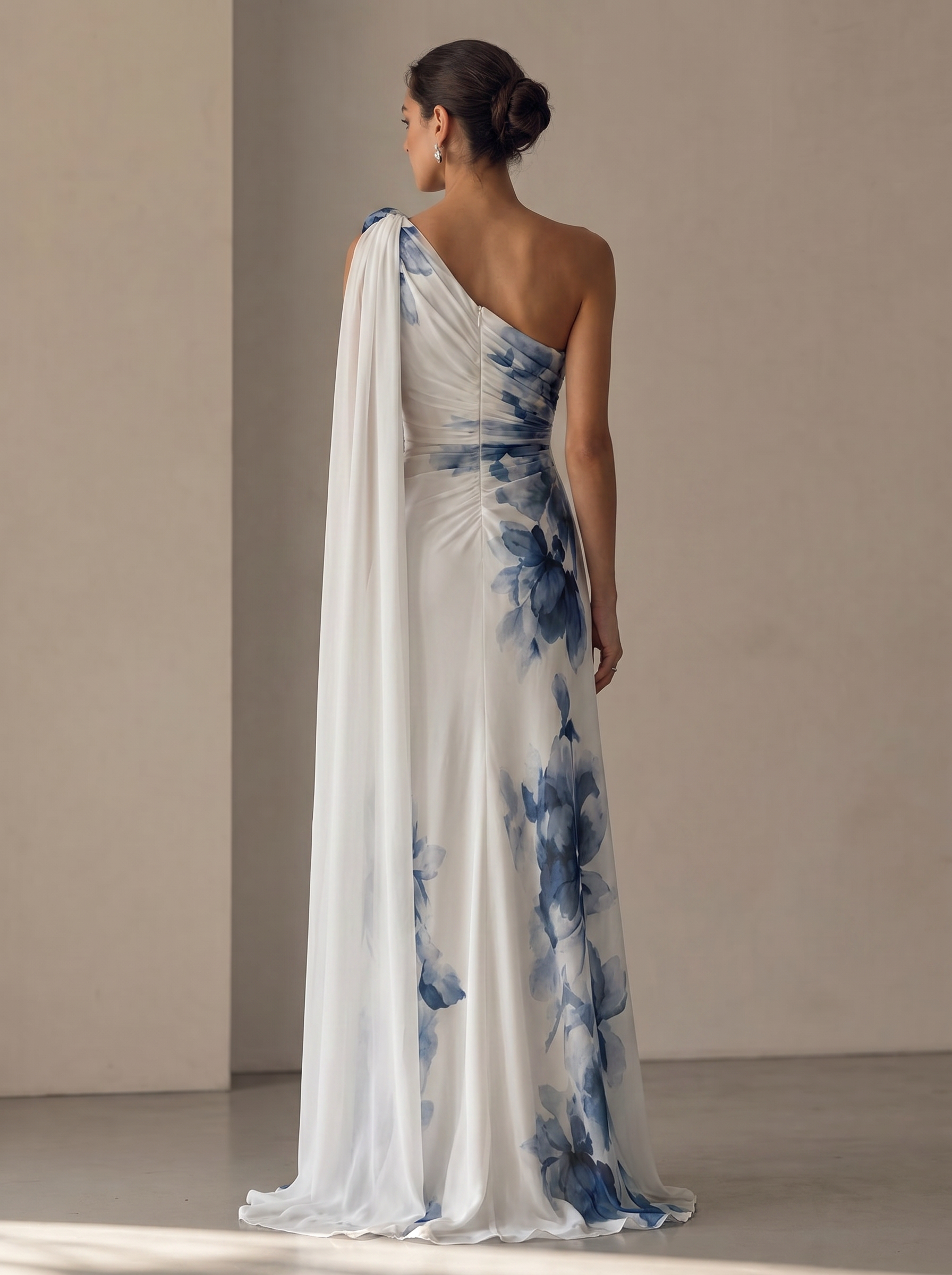White Blue Floral One‑Shoulder Maxi Dress With Long Shoulder Sash High‑Slit Formal Gown
