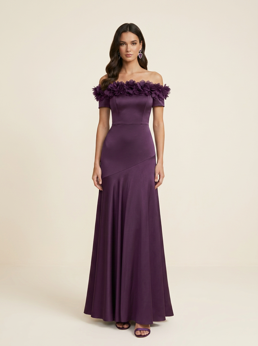 Black Satin Off‑Shoulder 3D‑Flower Mermaid Maxi Formal Dress